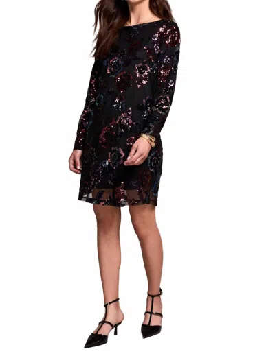 Tribal Floral Sequin Mesh Lined A-line Dress In Black