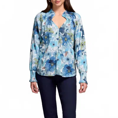 Tribal Floral Textured Blouse In Slate Blue In Multi