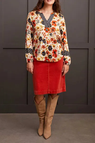 Tribal Floral V-neck Blouse With Placket In Dark Desert In Brown