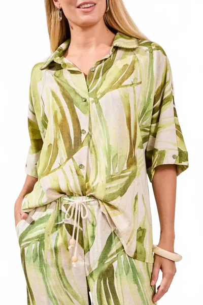 Tribal Flowy Linen Dolman Elbow Sleeve Blouse In Mint Leaf In Green