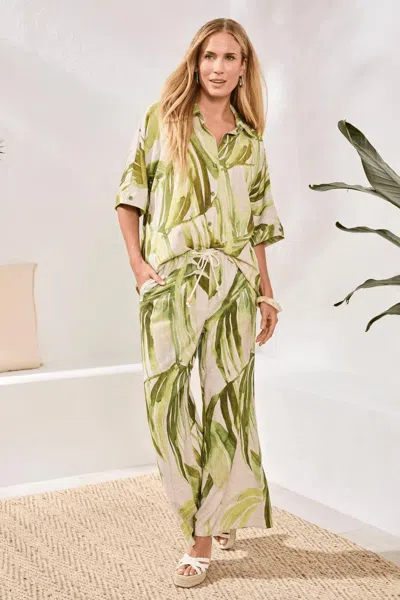 Tribal Flowy Linen Drawcord Waist Flare Pants In Mint Leaf In Multi
