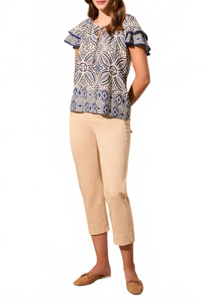 Tribal Flutter Sleeve Blouse In Blue Multi