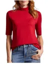 Tribal French Terry Mock Neck Elbow Sleeve Top In Red In Red