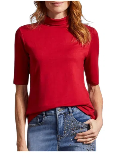 Tribal French Terry Mock Neck Elbow Sleeve Top In Red
