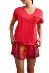 Tribal Short Sleeve Frill V-neck Top With Ladder Tape In Tango Red In Multi