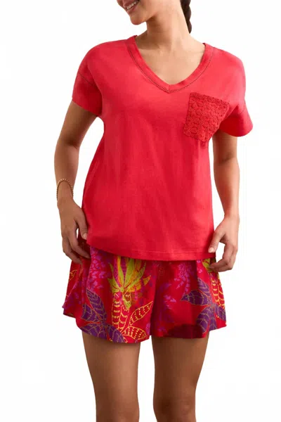 Tribal Short Sleeve Frill V-neck Top With Ladder Tape In Tango Red In Multi