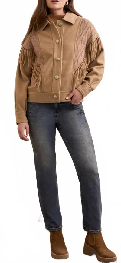 Tribal Fringe-shoulder Button-front Knit Jacket In Biscotti In Brown