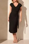 Tribal Textured Short-sleeve Midi Dress With Front Tie In Black In Black