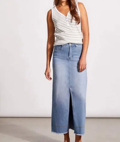 TRIBAL FULL LENGTH FRONT SLIT DENIM MIDI SKIRT IN SKY BLUE