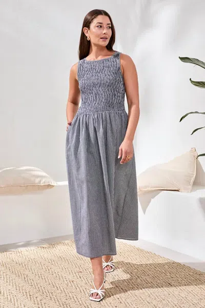 Tribal Sleeveless Gingham Dress With Ruched Bustier In Black In Gray