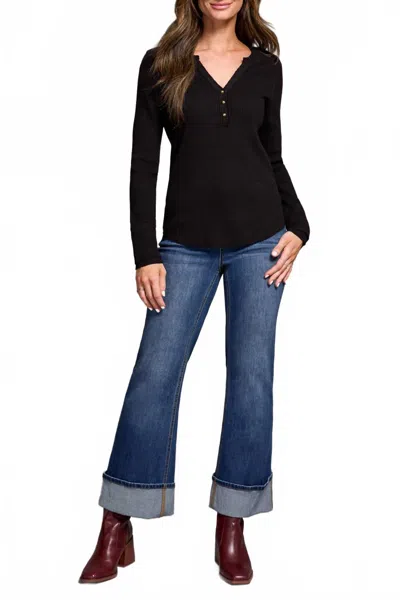 Tribal Henley Waffle Black Long-sleeve Top