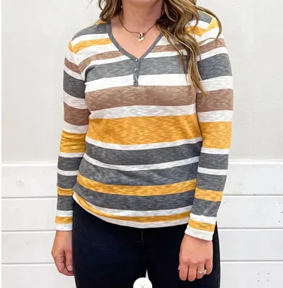 Tribal Henley Neck Striiped Top In Marigold In Gold
