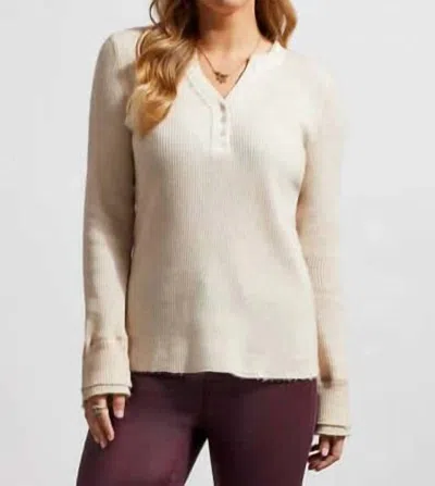 Tribal Henley V Neck Top In Bone In Beige