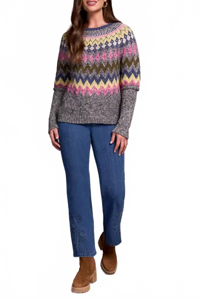 Tribal Intarsia Ribbed Long Sleeve Sweater In Pink Flambe In Gray