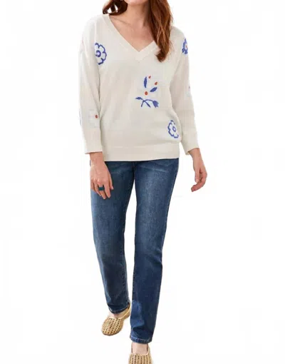 Tribal Intarsia V-neck Sweater In Ocean Pearl In White