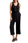 Tribal Jumpsuit With Sash And Pockets Button Front In Black In Black