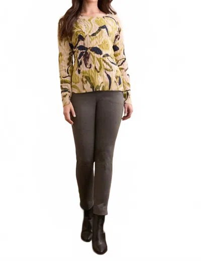 Tribal Kiwi Leaf Cable Knit Crew Neck Sweater In Cream In Multi