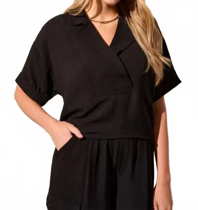 Tribal Lapel Collar V-neck Short Sleeve Shirt In Black