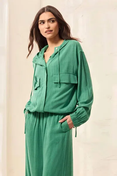 Tribal Lightweight Linen Button-front Hooded Jacket In Grass In Green