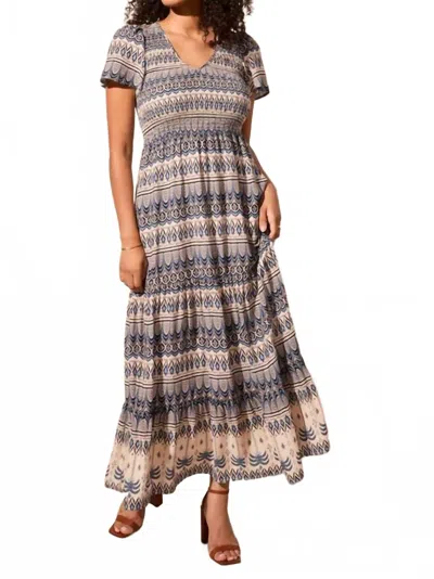Tribal Lined Short Sleeve Ruched Top Maxi Dress In Scuba Blue In Multi