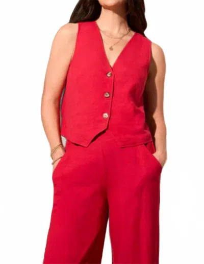 Tribal Linen Blend Button Front Vest In Cherry