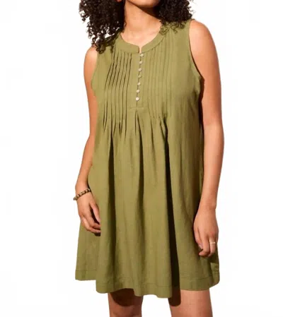 Tribal Linen Blend Pleated Sleeveless Dress In Loden In Green