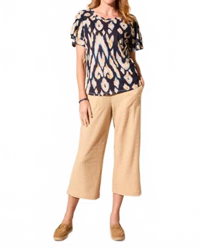 Tribal Linen-blend Ruffle-sleeve Crew Neck Top In Navy In Multi