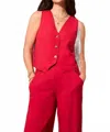 Tribal Linen Blend Button Front Vest In Cherry In Red