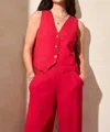 Tribal Linen Blend Button Front Vest In Cherry In Red