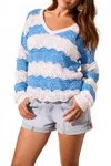 Tribal Long Sleeeve Crochet Swirl Stripe Sweater In Sailboat In White