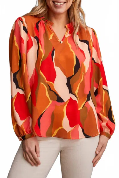 Tribal Long Sleeve Blouse With Ruffle Neck In Desert Sun In Multi