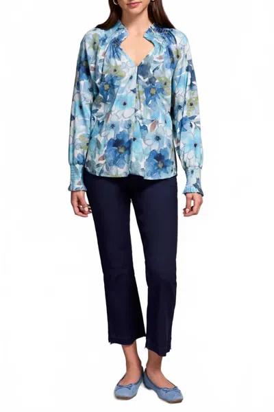 Tribal Long Sleeve Blouse With Smocked Details In Slate Blue