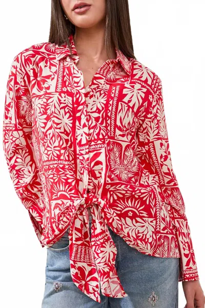 Tribal Long Sleeve Blouse With Tie Front In Sangria-1221 In Multi