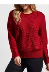 TRIBAL LONG SLEEVE CREW NECK CABLES SWEATER IN EARTH RED