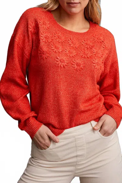 Tribal Long Sleeve Crew Neck Sweater With Embroidery In Crimson In Red