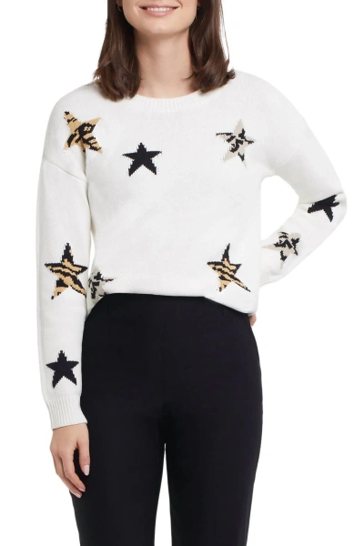 Tribal Long Sleeve Crew Neck Sweater With Intarsia Stars In Cream In White