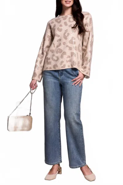 Tribal Long Sleeve Crewneck Sequined Sweater - Plus In Sandstone In Silver