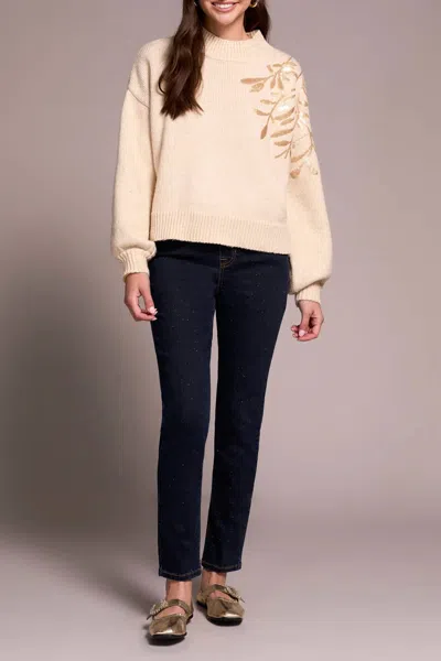 Tribal Long Sleeve Mock Neck Sweater With Sequins In Heather Latte In Neutral