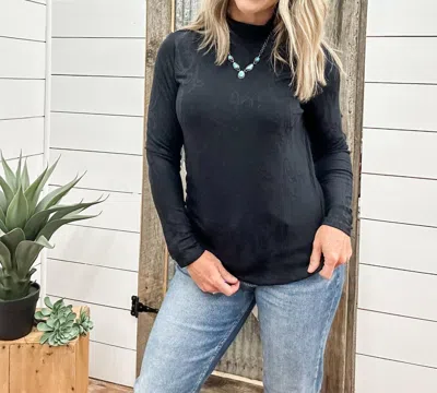 Tribal Long Sleeve Mock Neck Top In Black In Blue