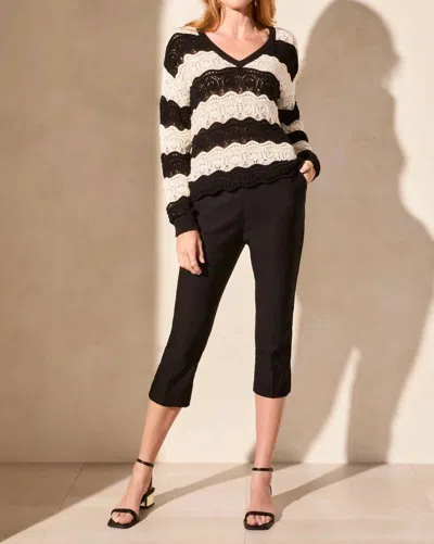 Tribal Long Sleeve Swirl Crochet V-neck Sweater In Black & Cream In Multi