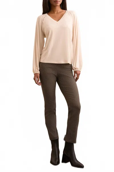 Tribal Long Sleeve V-neck Top With Pleating Detail In Moonstone In Green