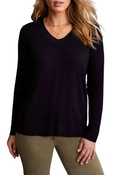 Tribal Long Sleeve V-neck Top With Side Slits In Black