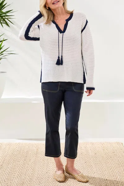 Tribal Long-sleeve Notch Collar Sweater In White