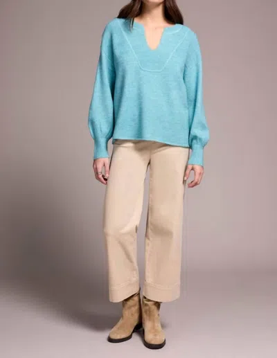 Tribal Mandarin Collar Long Puff Sleeve Sweater In Mist Blue