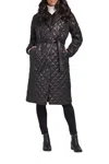 Tribal Maxi Belted Puffer Coat W/detachable Hood In Black In Black