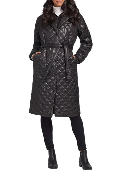Tribal Maxi Belted Puffer Coat W/detachable Hood In Black