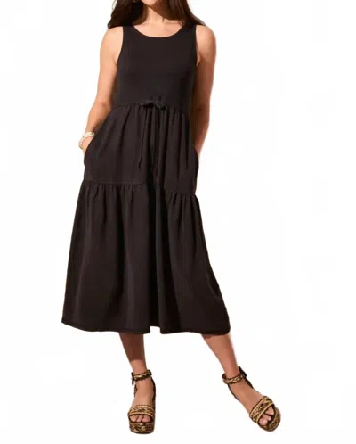 Tribal Mixmedia Sleeveless Boat Neck Tiered Midi Dress In Black