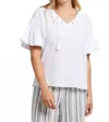 Tribal Mixed Media Frill Short Sleeve With Lace Up Front In White In White