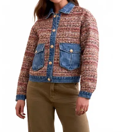 Tribal Mixed Media Plaid Jacket With Denim Inserts In Plumwine In Multi