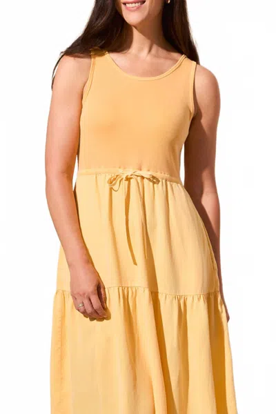 Tribal Mixed Media Tiered Midi Sleveless Dress In Tangerine In Gold